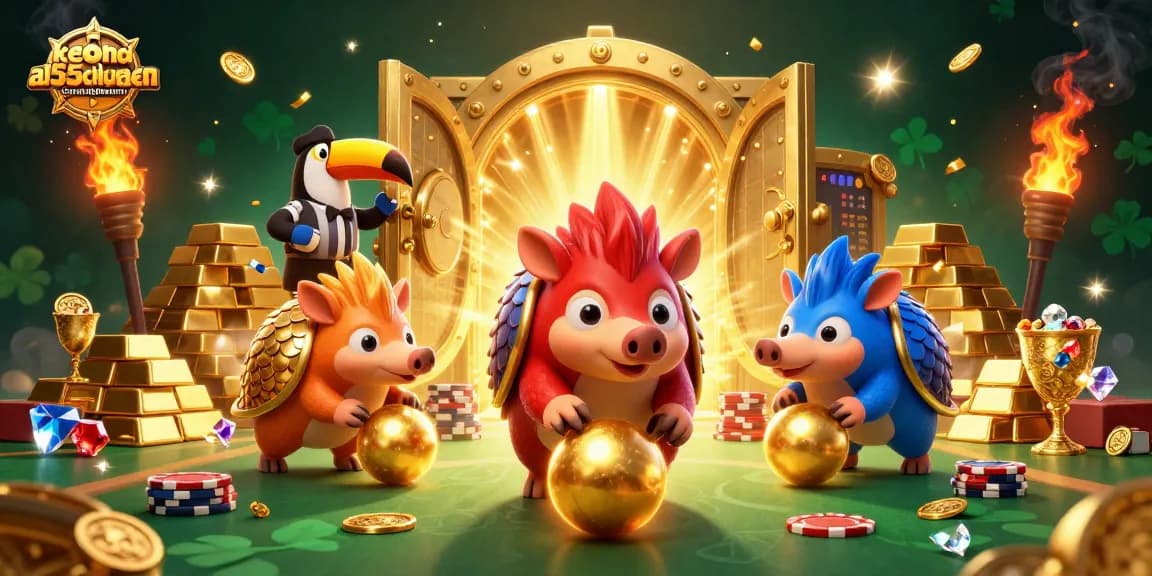 Engaging scene featuring keonhacai55chuan characters battling through golden balls and poker chips in vibrant casino atmosphere