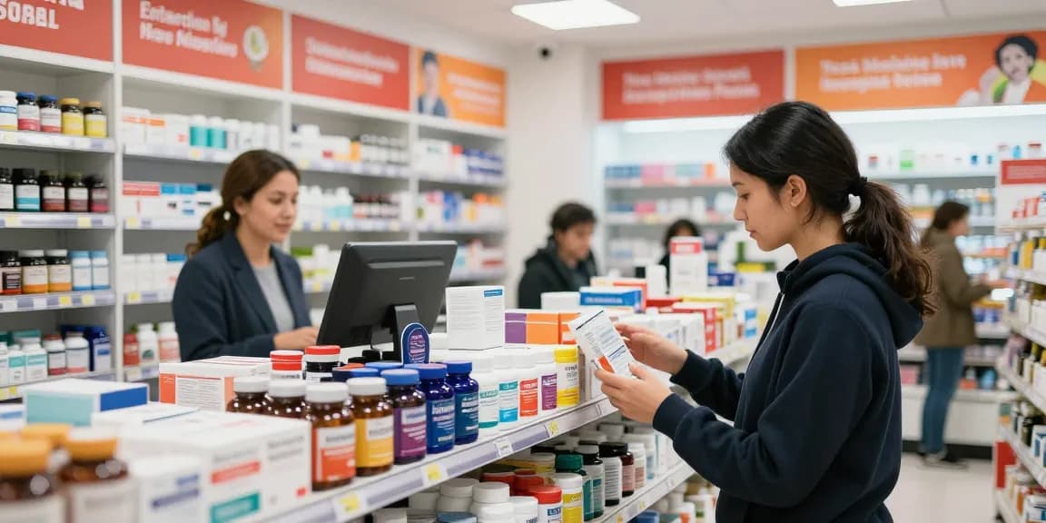 Verbraucher im Selliza Pharma Shop beim Einkaufen von Nahrungsergänzungsmitteln und Gesundheitsprodukten.