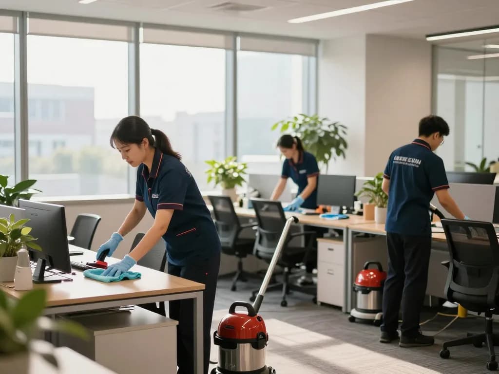 Gebäudeservice in Dülmen mit Fachleuten, die ein Unternehmensbüro reinigen und Sauberkeit sowie Hygiene gewährleisten.