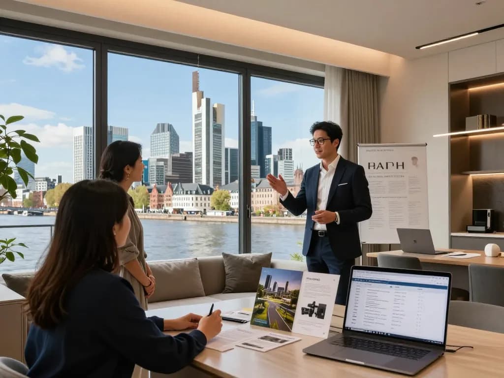 Immobilienmakler, der potenziellen Käufern eine schöne Wohnung in Frankfurt Sachsenhausen präsentiert und moderne Merkmale hervorhebt.