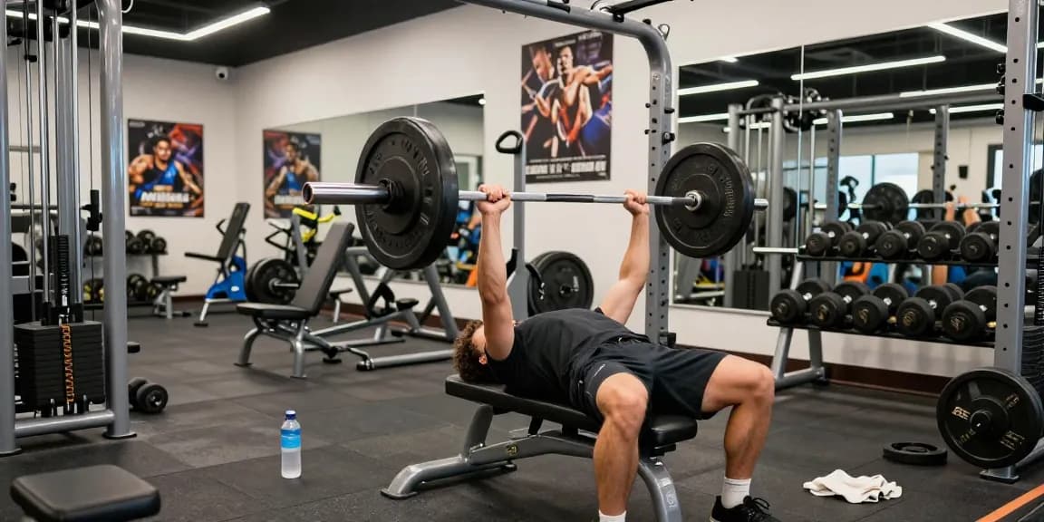 Medi Pharma Steroid Shop: Sportler beim Gewichtheben in einem modernen Fitnessstudio mit motivierenden Elementen.