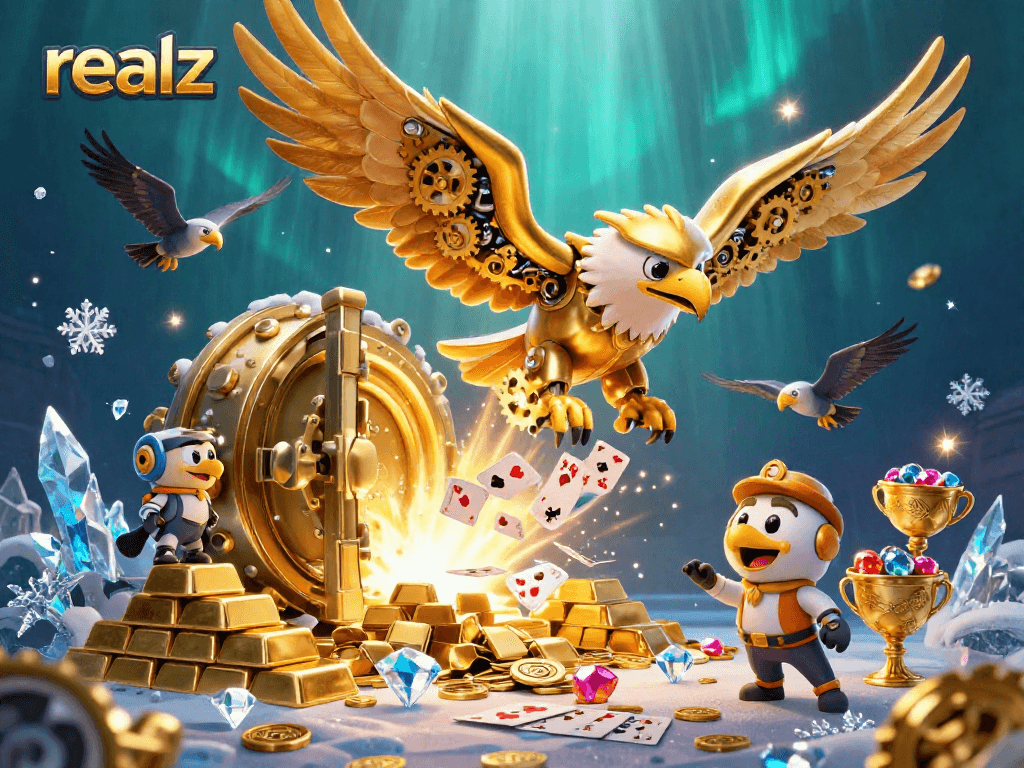 Spiele "realz" mit einem cybernetischen Adler und holografischen Spielkarten.