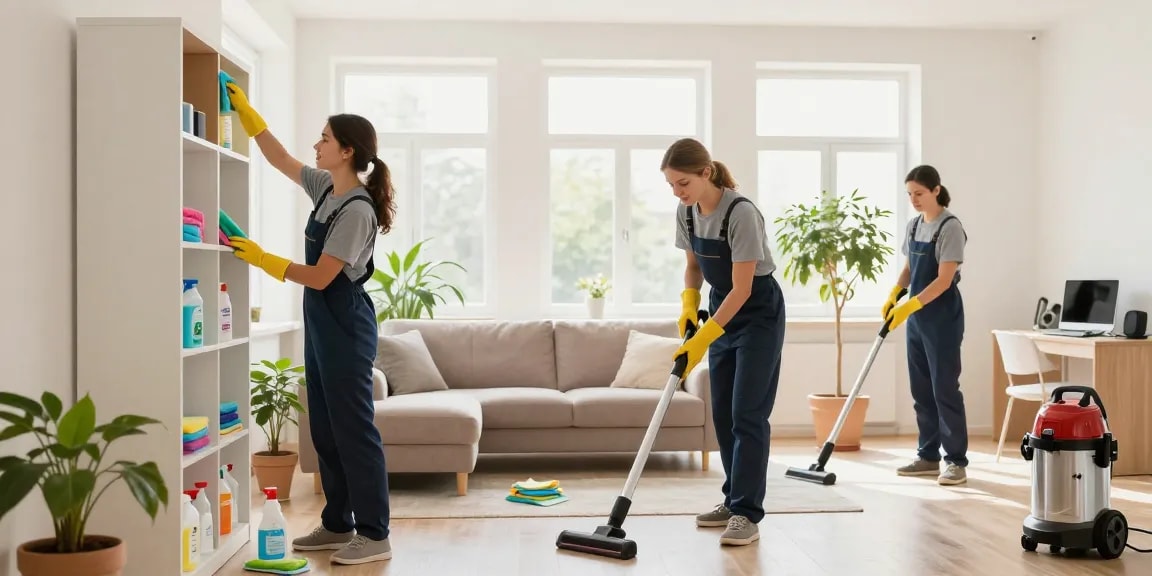Wohnungsabgabe reinigung in a bright living room, professional cleaners ensuring every detail shines.