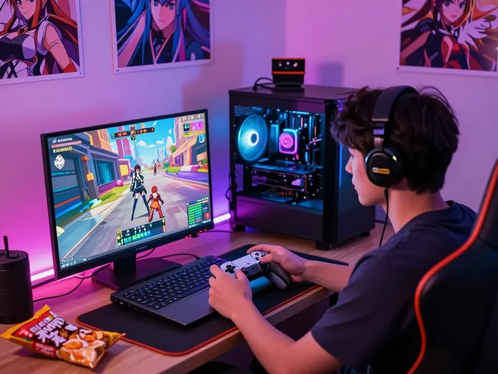 Immersive gaming setup showcasing a player enjoying a hentai game, vibrant LED lights, and anime decor.