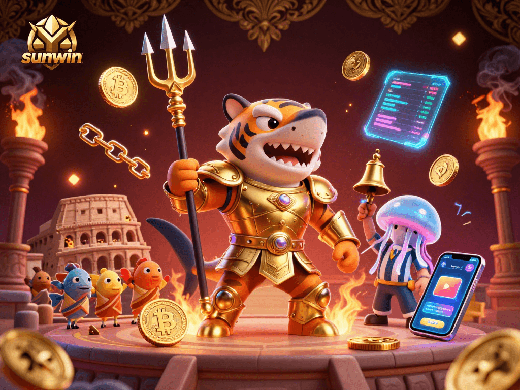 Engage with sunwin in a vibrant underwater colosseum scene featuring a tiger shark, crypto coins, and lively fish.