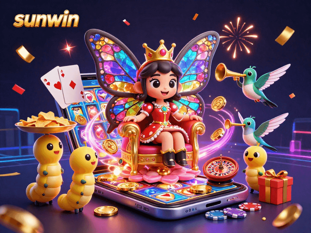 Spin slots and win at sunwin with vibrant casino elements and a butterfly queen ruling the game.