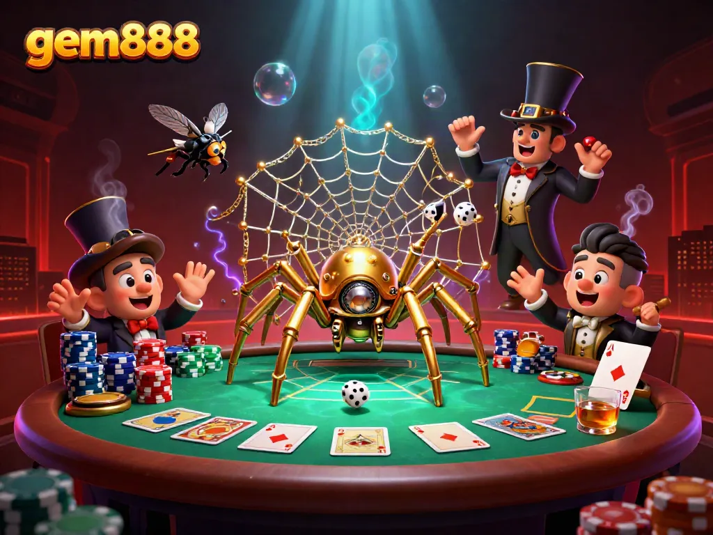 Experience the thrill of gem888 with a playful golden spider entangled in a web of poker elements.