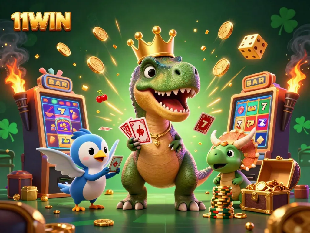 Experience excitement at 11WIN with this vibrant 3D illustration featuring casino elements and friendly characters.