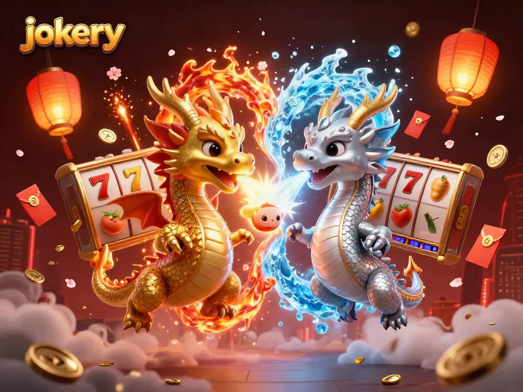 Engage in the thrill of jokery with a vibrant 3D casino scene featuring dragons and slot elements