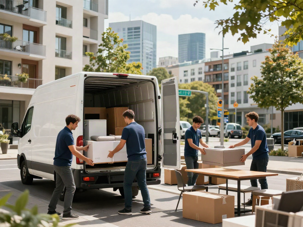 Movers from a Umzugsfirma Berlin packing furniture into a truck in a bustling urban environment.
