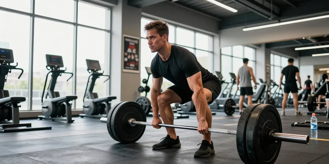 Anabolika kaufen: Motivierter Bodybuilder beim Deadlift im modernen Fitnessstudio.