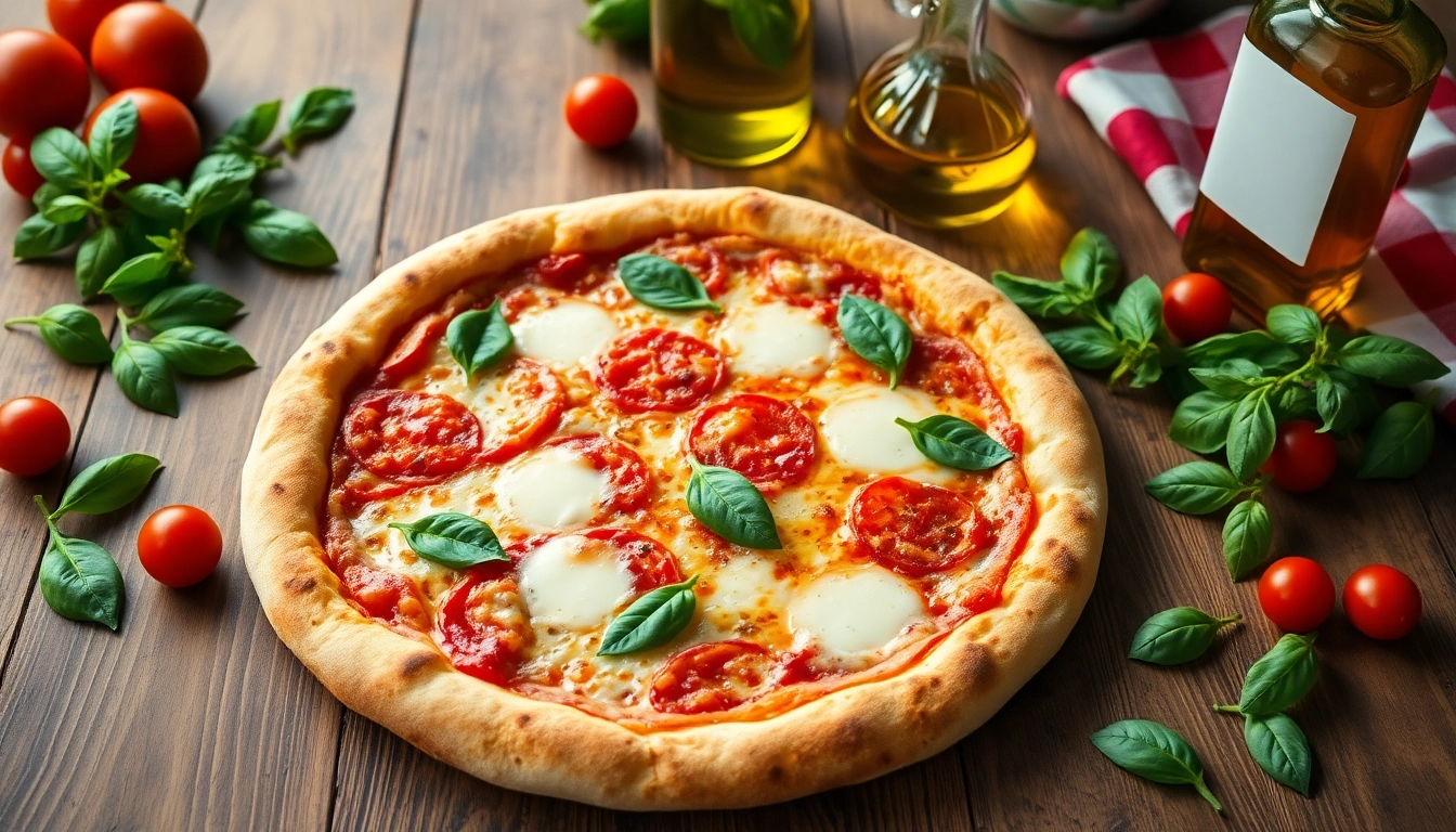 Indulge in a delicious, freshly baked Pizza topped with vibrant basil and mozzarella.