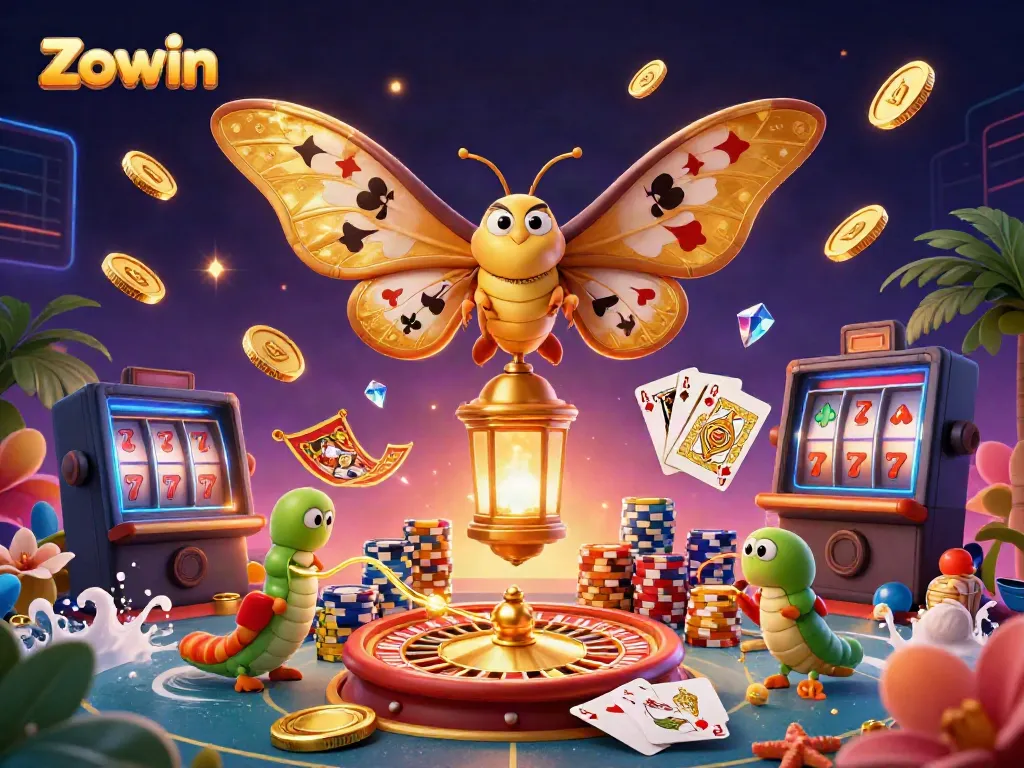 Zowin players explore vibrant casino rewards with golden moths amidst dazzling games and treasures.