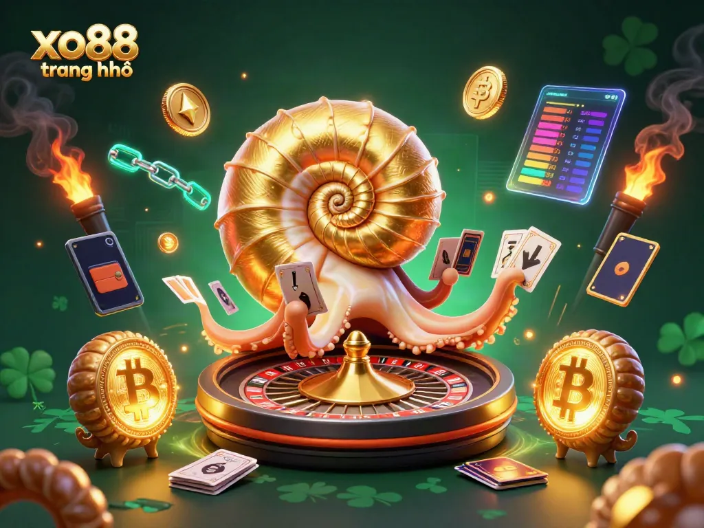 Experience thrilling gaming action with xo88 trang chủ featuring a 3D nautilus roulette wheel surrounded by crypto elements.