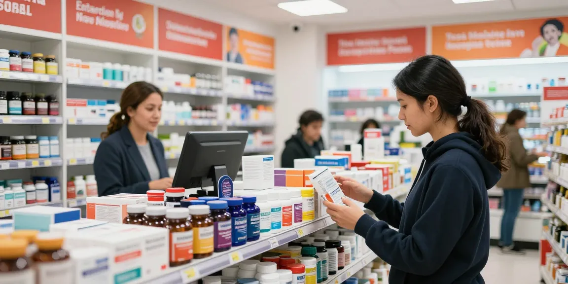 Verbraucher im Selliza Pharma Shop beim Einkaufen von Nahrungsergänzungsmitteln und Gesundheitsprodukten.