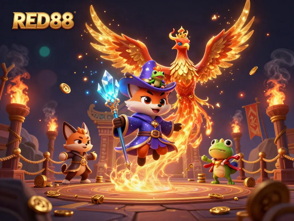 Experience the excitement of RED88 with a mystical wizard fox, a fiery phoenix, and enchanting casino elements.