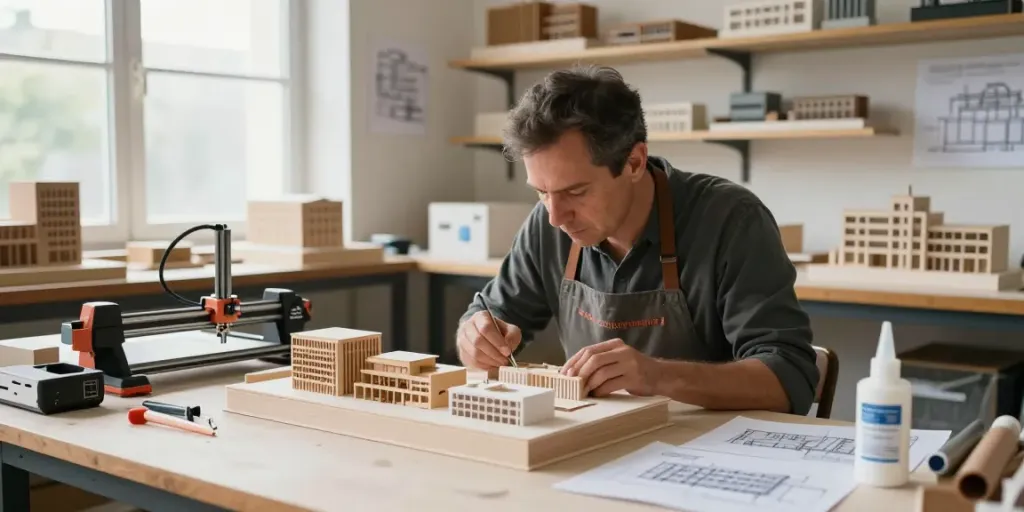 Architekturmodellbau in Frankreich, Handwerker erstellt präzise Modelle in einem lichtdurchfluteten Atelier.