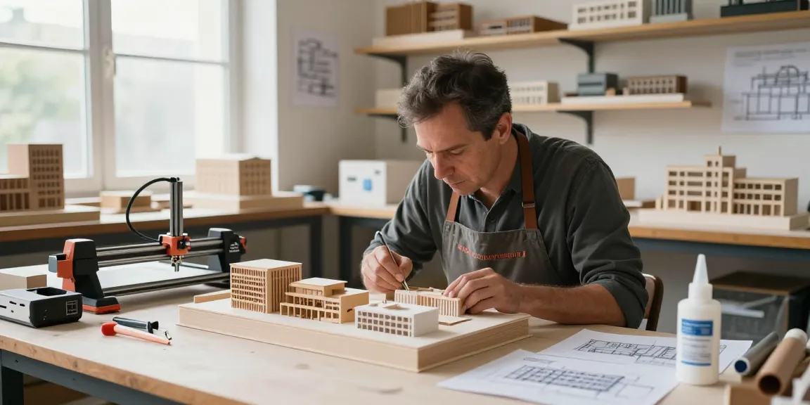 Architekturmodellbau in Frankreich, Handwerker erstellt präzise Modelle in einem lichtdurchfluteten Atelier.