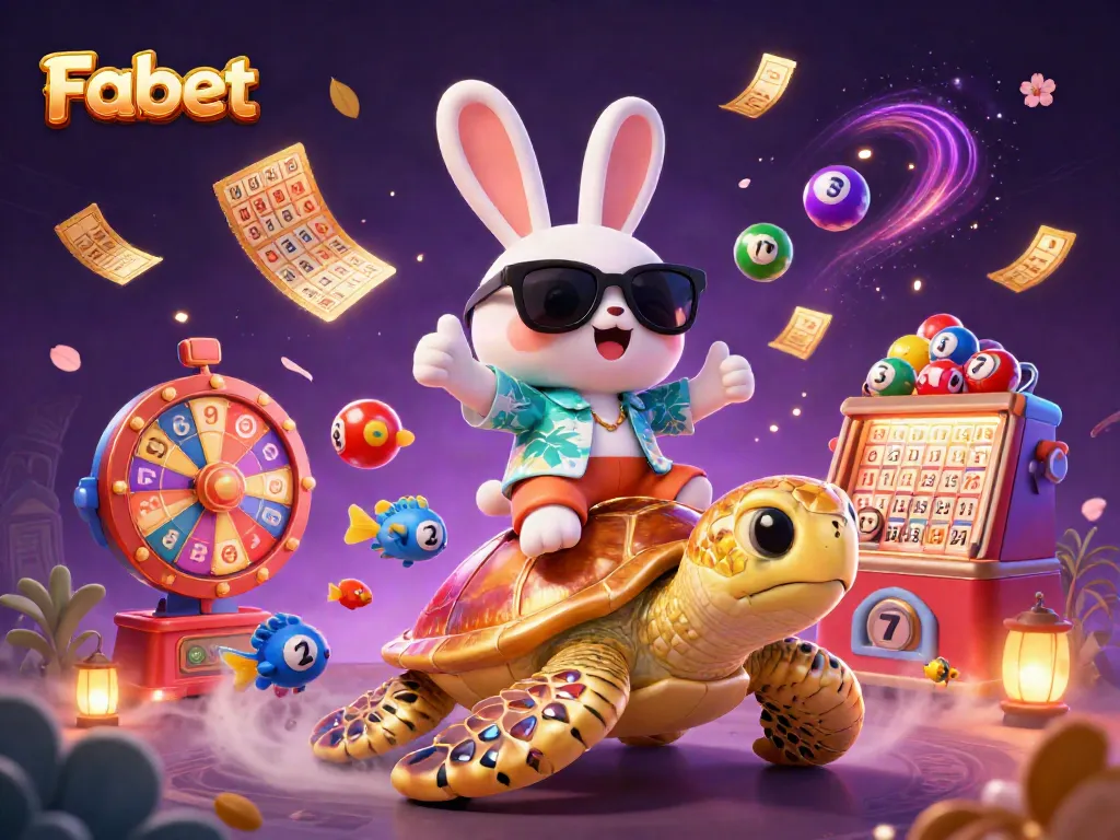 Experience Fabet with a lively scene featuring a lucky rabbit and golden turtle in a colorful casino atmosphere.