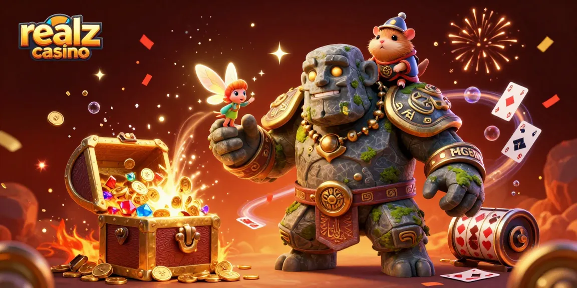 Experience excitement at realz casino with magical characters and dynamic gaming elements in a vibrant scene.