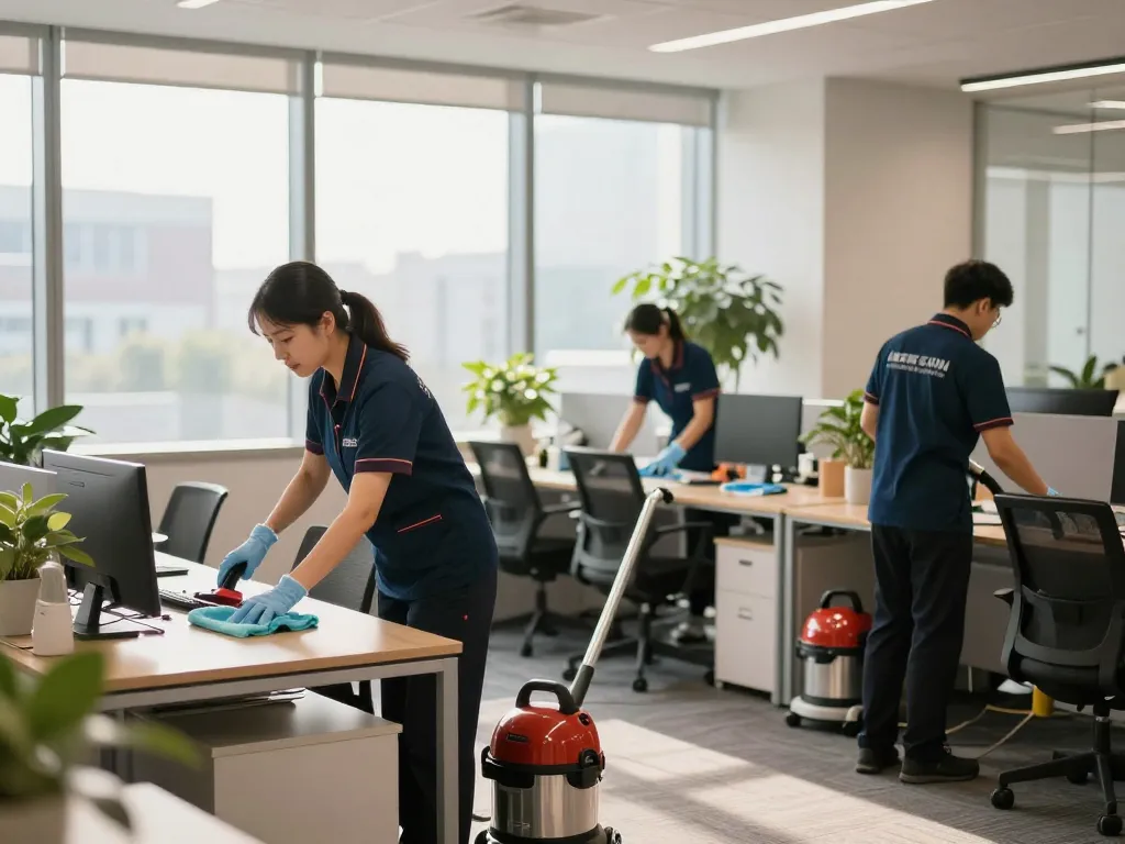 Gebäudeservice in Dülmen mit Fachleuten, die ein Unternehmensbüro reinigen und Sauberkeit sowie Hygiene gewährleisten.
