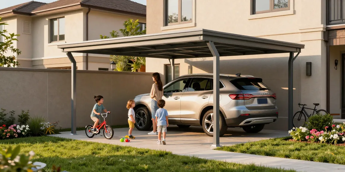 Ein moderner Carport mit einem SUV im Schatten und spielenden Kindern im Garten.