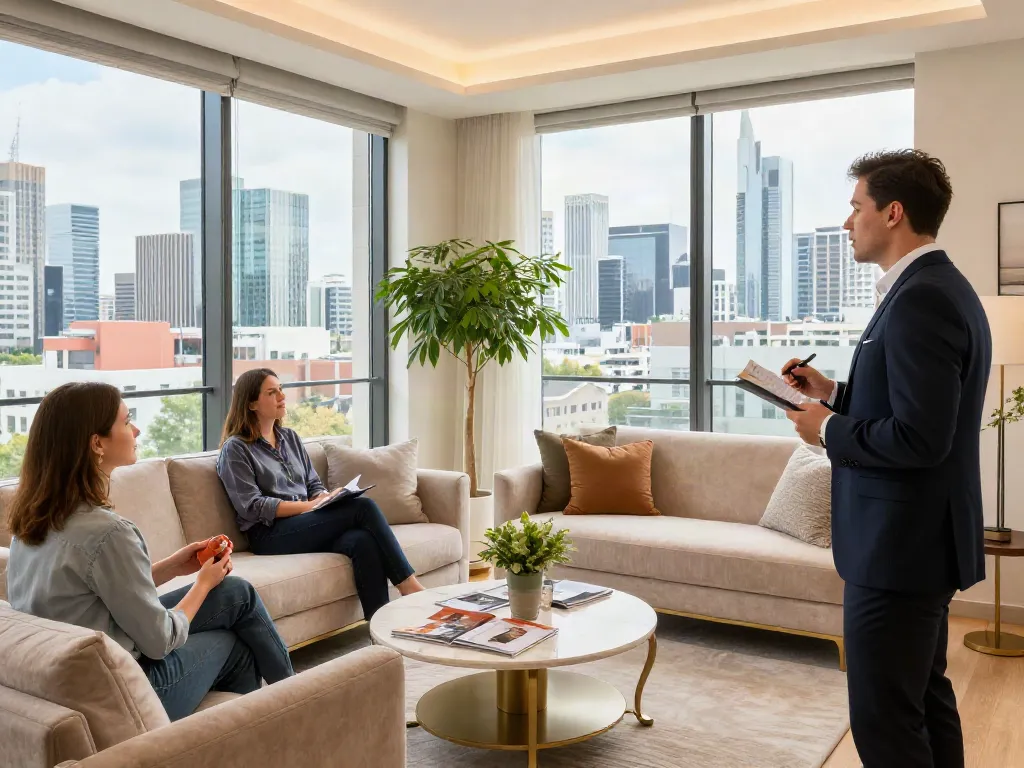 Bester Immobilienmakler Frankfurt zeigt moderne Wohnung in Frankfurt mit spektakulärem Stadtblick und einladendem Ambiente.