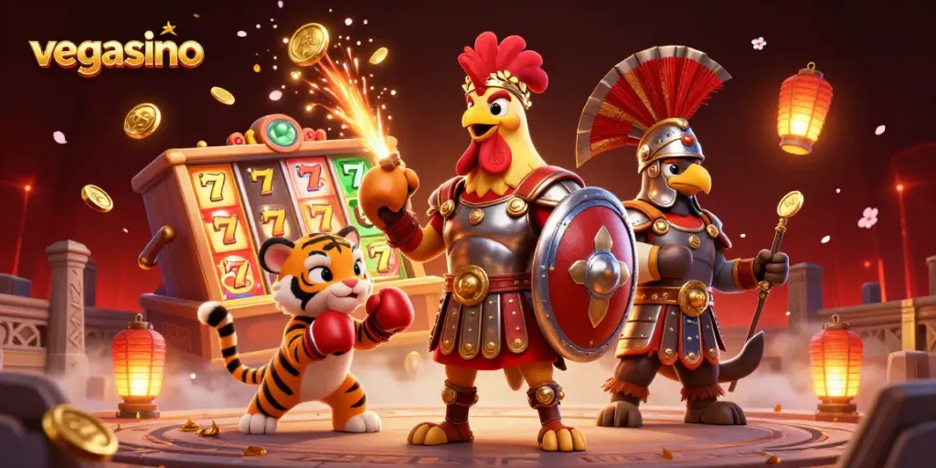 Engage in exciting games at vegasino casino with dynamic slot reels and captivating characters.