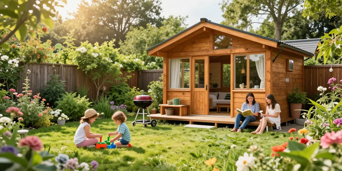 Gartenhaus kaufen im idyllischen Garten mit Familie und blühenden Pflanzen