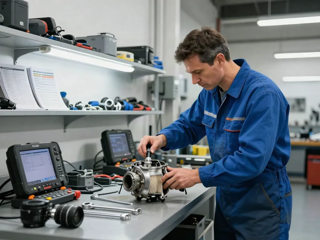 Professionelle DPF Reinigung in Hannover mit Mechaniker und Filterinspektion.