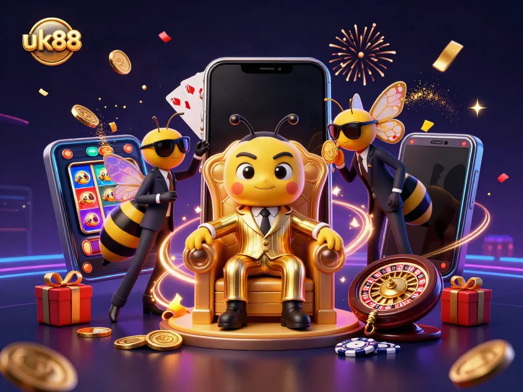 Engage with uk88's exciting games through this colorful 3D illustration of a gambling scene.