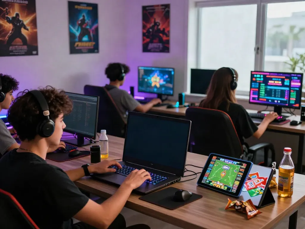 Players engaging with da88 online gaming on laptop and tablet in a vibrant setting.