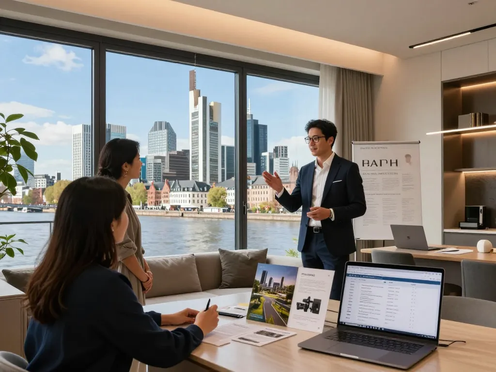 Immobilienmakler, der potenziellen Käufern eine schöne Wohnung in Frankfurt Sachsenhausen präsentiert und moderne Merkmale hervorhebt.