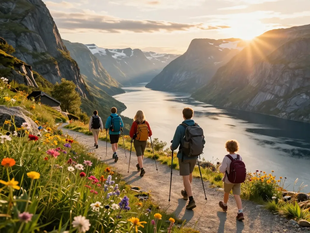 Familie genießt Urlaub in Skandinavien an einem malerischen norwegischen Fjord während der goldenen Stunde mit atemberaubenden Ausblicken.