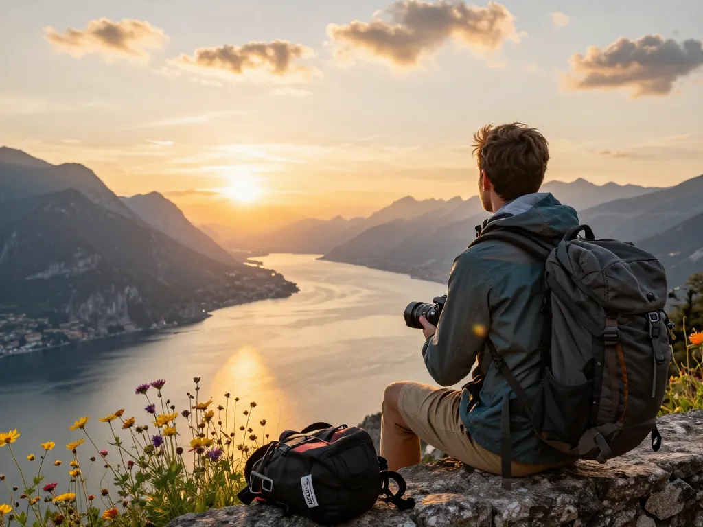 Reisender genießt Gardasee Reisetipps bei Sonnenuntergang mit malerischen Seeblick.