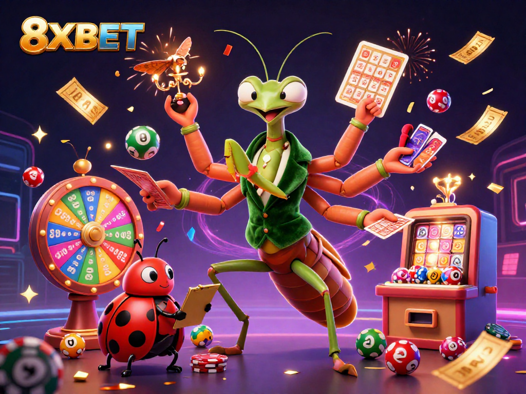 Experience 8XBET's vibrant casino atmosphere with dynamic characters celebrating wins.