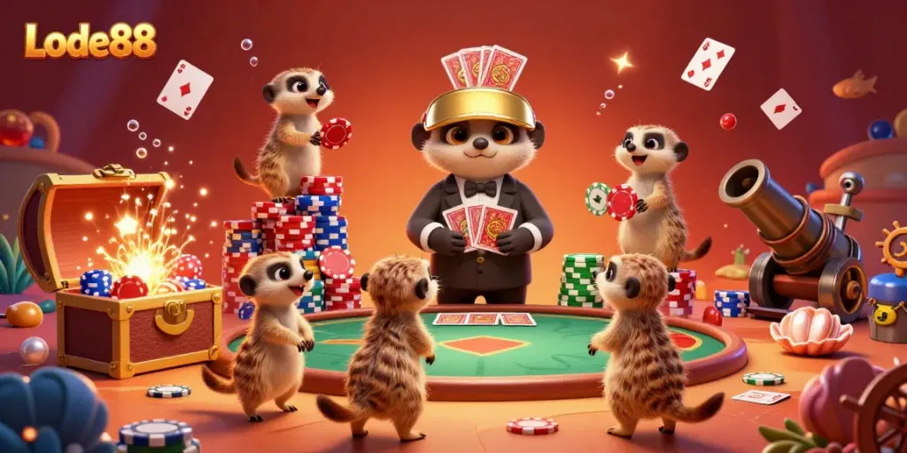 Lode88 casino theme with playful meerkats running the operation in a vibrant underwater setting