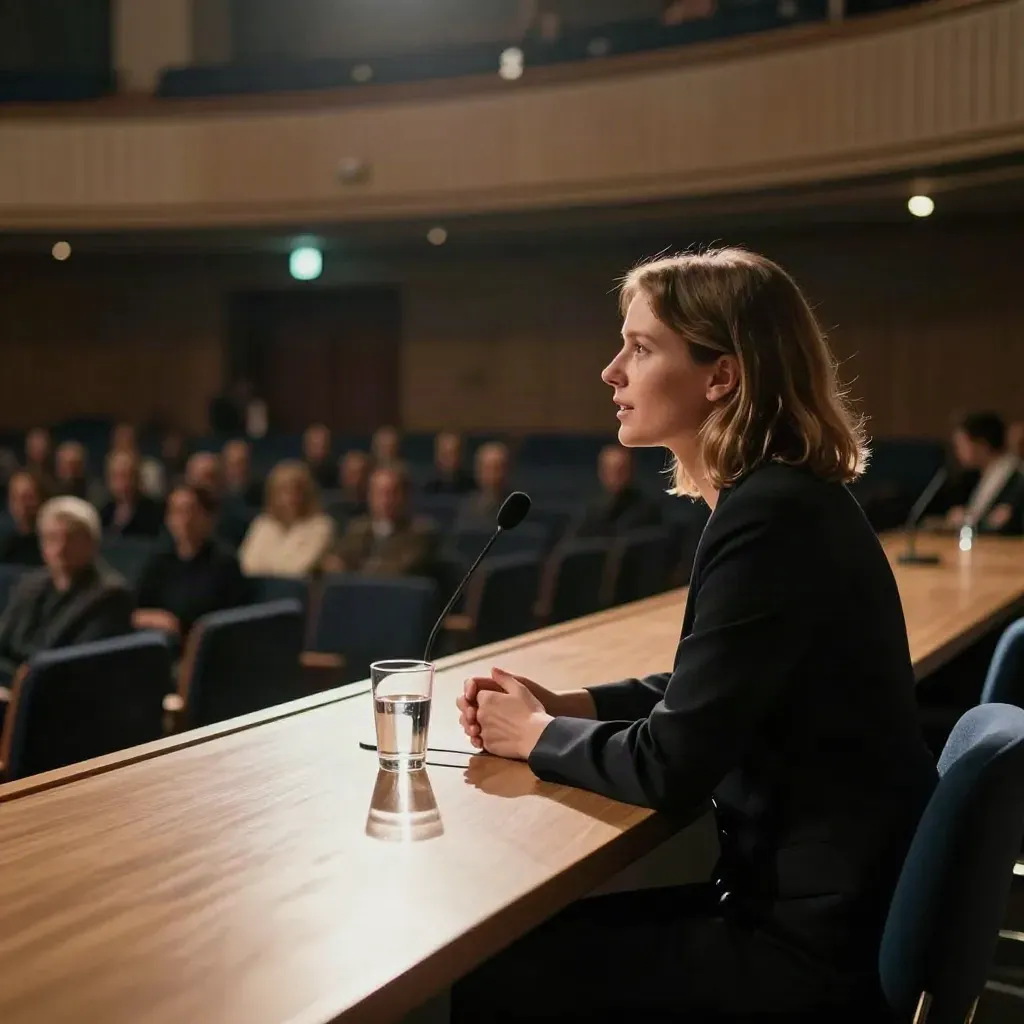 Susanne Eisenmann spricht im Seitenprofil an einem Paneltisch vor unscharfen Saallichtern.