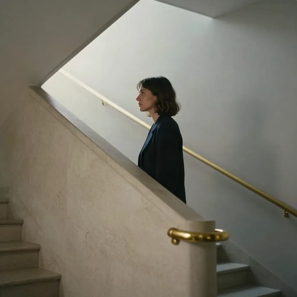 Susanne Eisenmann im steinernen Flur eines Rathauses vor heller Treppe