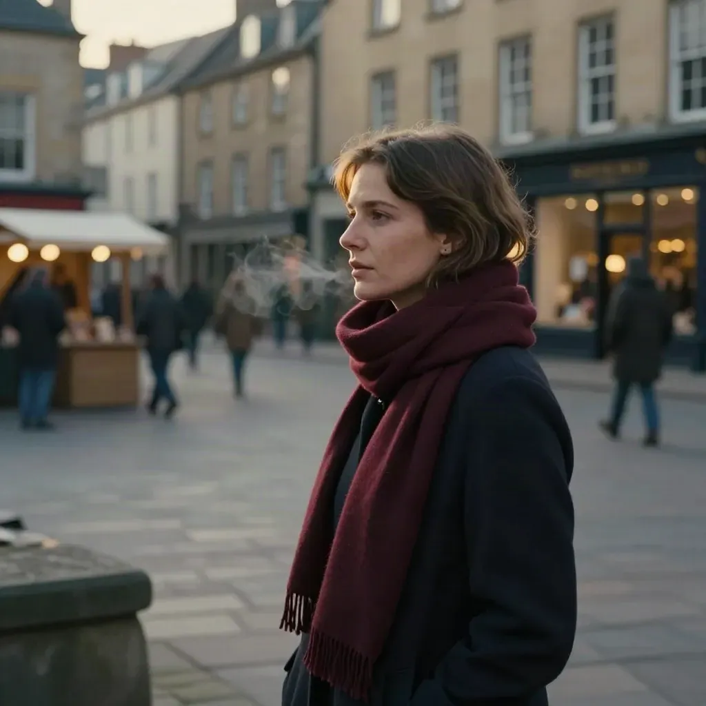 Susanne Eisenmann am Rand eines Marktplatzes im Winterlicht, mit unscharfen Ständen im Hintergrund.