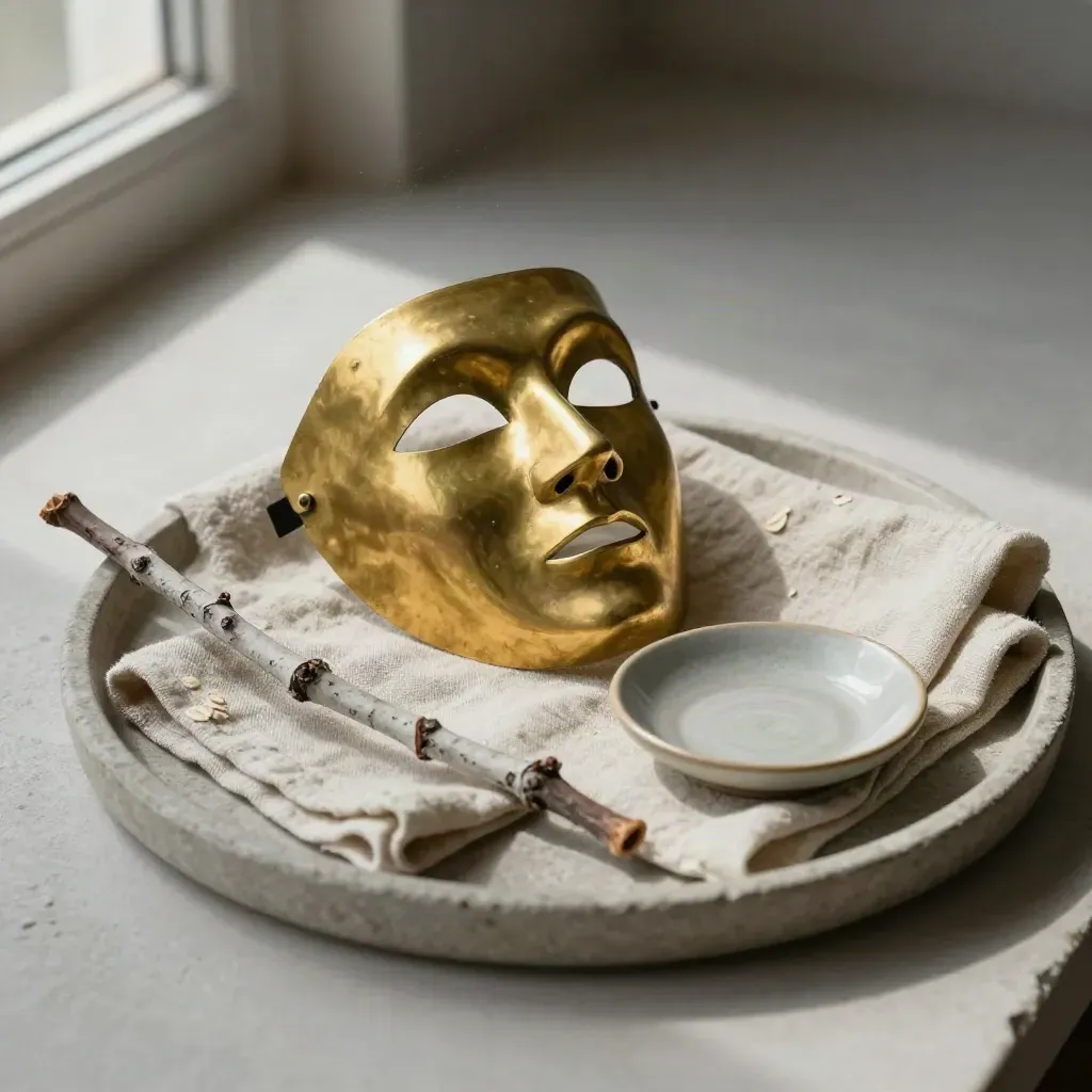 Brassene Theatermaske mit Leinen, Keramikschale und Zweig auf Steintablett.
