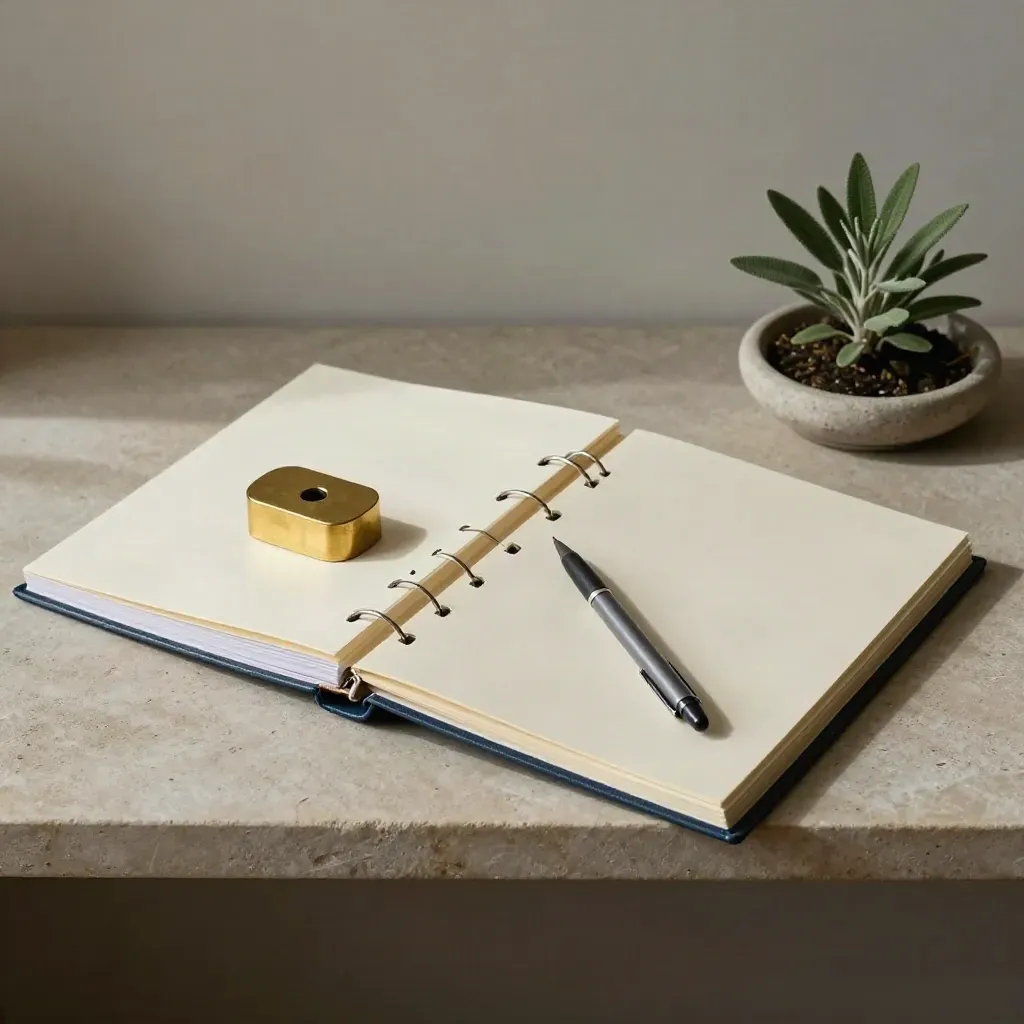 Archivordner mit Trennblättern, Messing-Papiergewicht, Stift und Pflanze auf Steinsims.