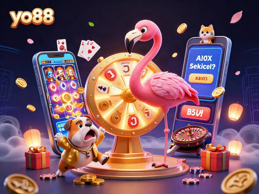 Spin to win with yo88 as a flamingo host, bulldog contestant, and cat scoreboard reveal exciting prizes.