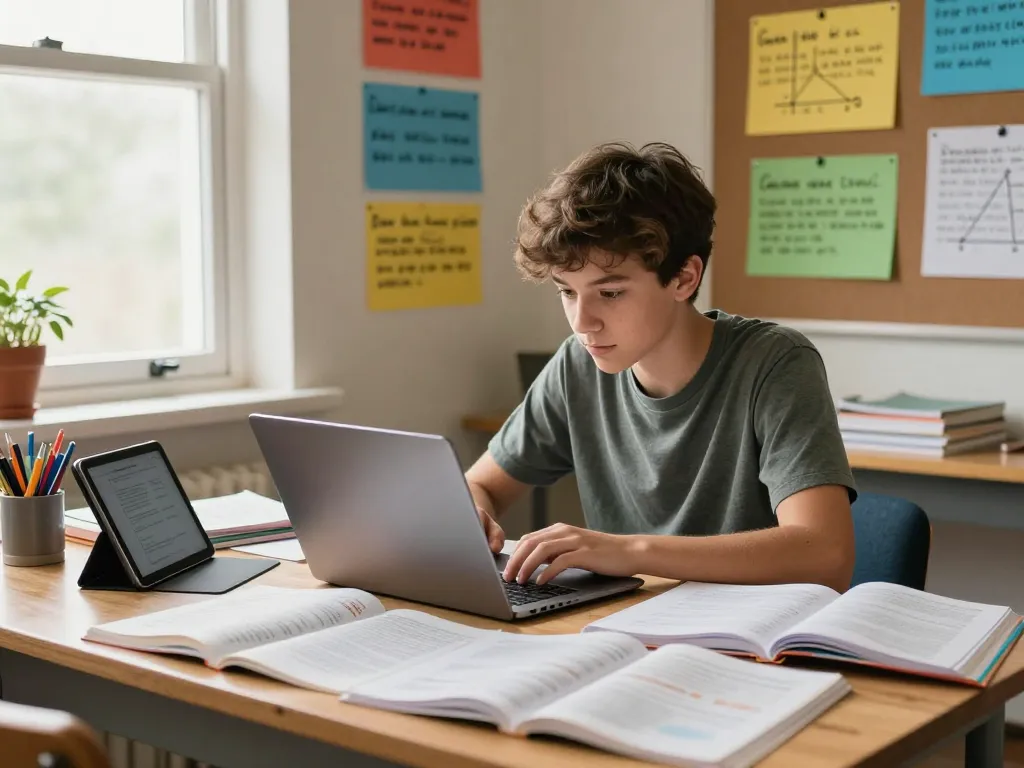Fokussierter Student, der Hausaufgaben Löser auf dem Laptop in einem lebendigen Lernraum verwendet