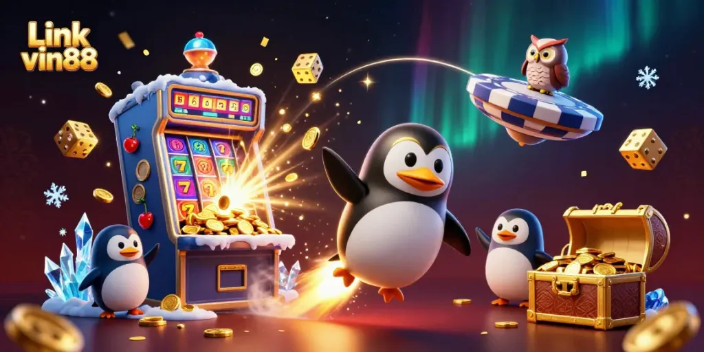 Epic scene of the Link vin88 rocket-powered penguin journeying through a dazzling casino galaxy.