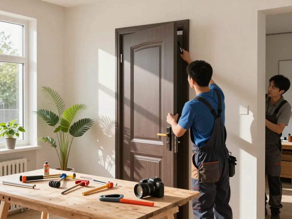 Installation einer modernen Nebeneingangstür mit Werkzeugen und Topfpflanzen in einem hellen Zuhause.