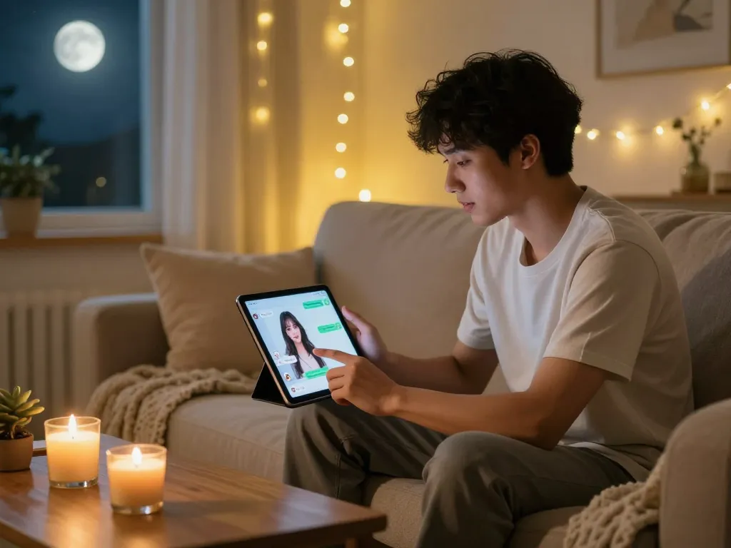 Engaging with a girlfriend ai in a cozy home setting, featuring warm lights and personalized chat.