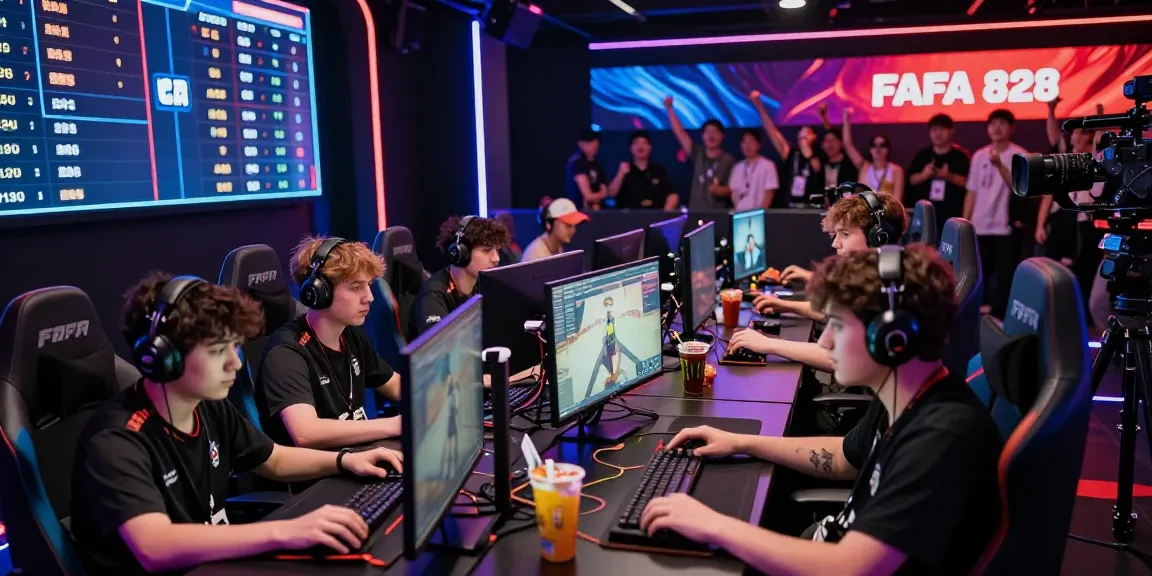 FAFA 828 esports tournament scene with gamers focused on screens and vibrant LED lights.
