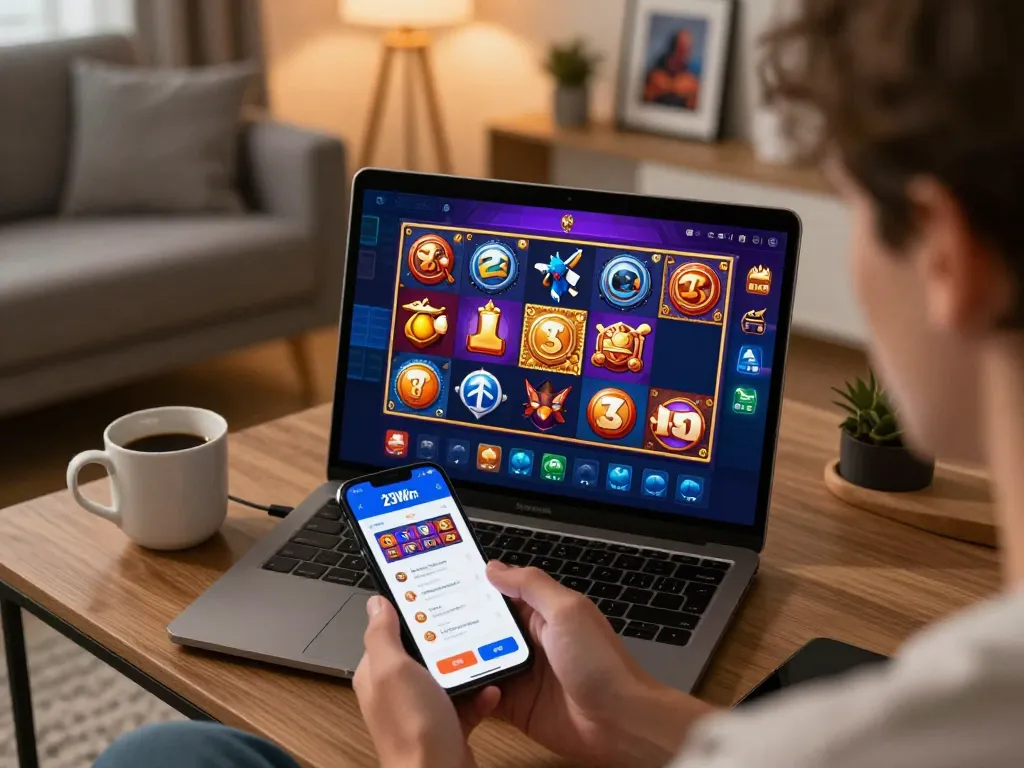 Player enjoys the 23Win mobile app, strategically selecting slots in a cozy setting