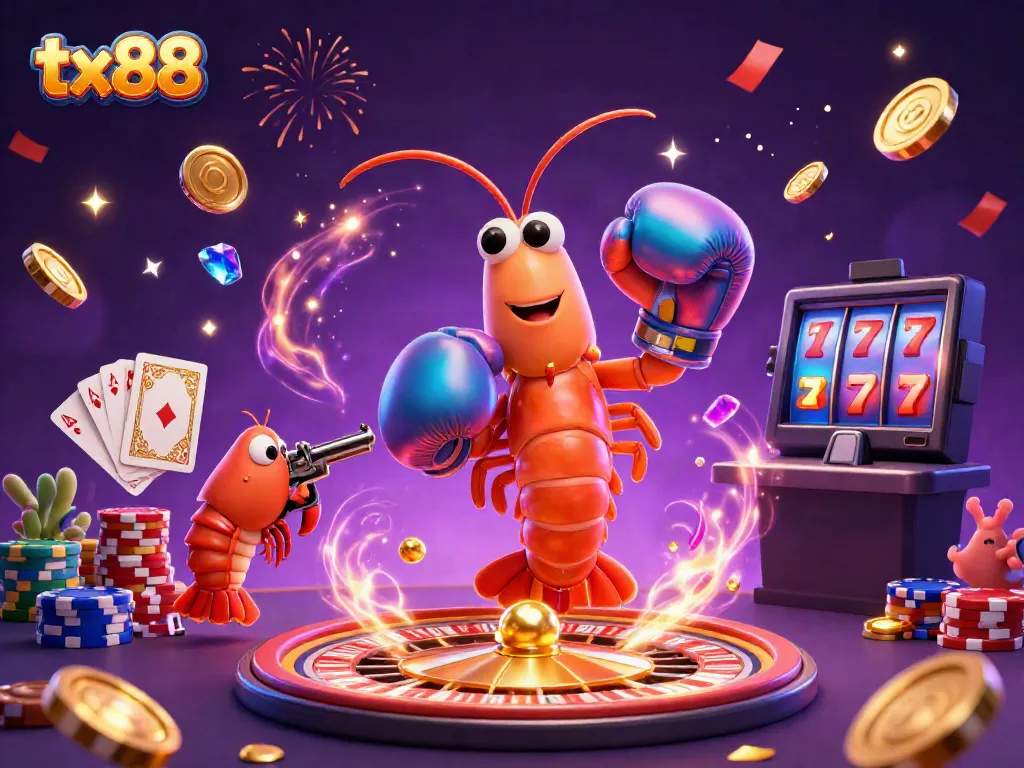 Spin the reels with tx88 in this vibrant casino scene featuring ocean-themed characters celebrating wins.